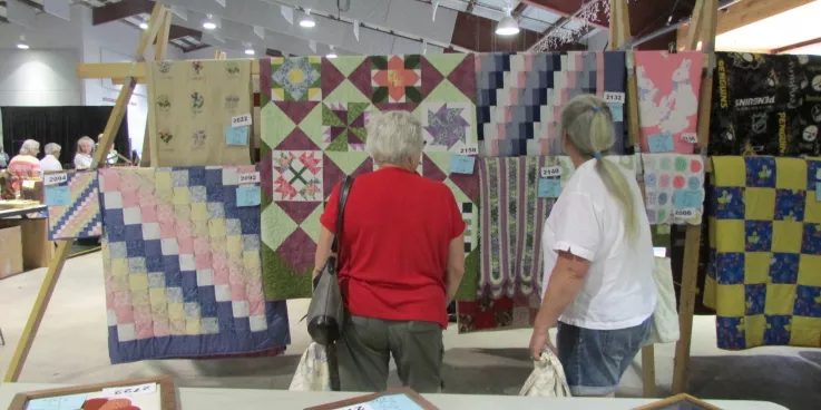 Two women look at quilts hanging up at an auction