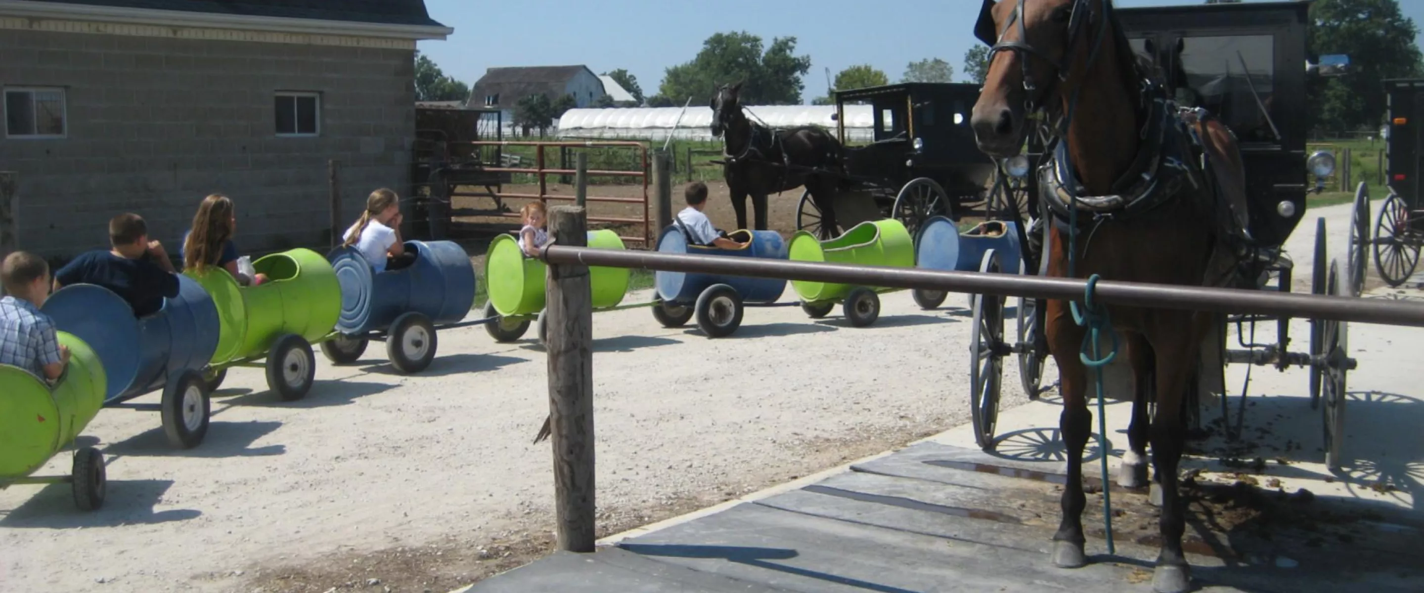 Children ride in barrels on wheels. There are Amish buggies and horses parked nearby.